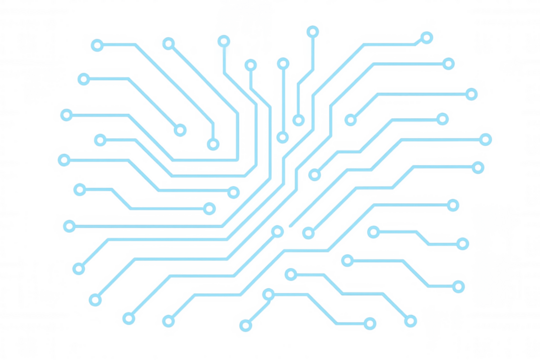 Circuit board pattern connecting nodes, showing digital data flow and electronic technology system lines on transparent background