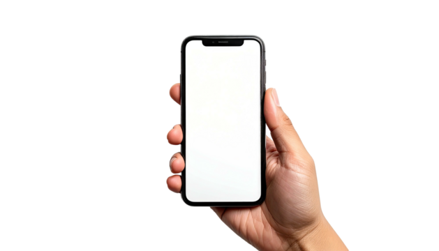 Human hand holding a modern smartphone with a blank white screen.