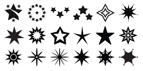 Collection of diverse black star icons and symbols on a white background