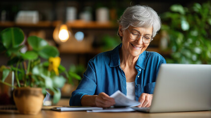Obraz premium Portrait of happy senior woman making utility bill payments on laptop and maintaining records in her notepad at home, under soft natural light, showcasing cheerful expression and o