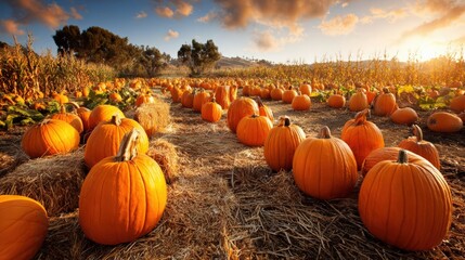 Vibrant pumpkin patch under a golden sunset in autumn landscape