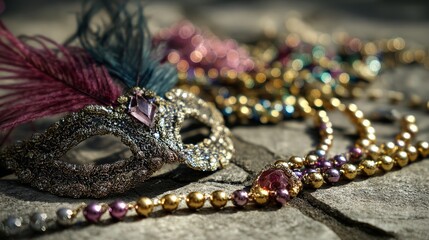 Elegant mask and colorful beads on stone surface capture textural beauty