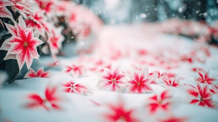 Vibrant red flowers on snowy landscape evoking winter beauty