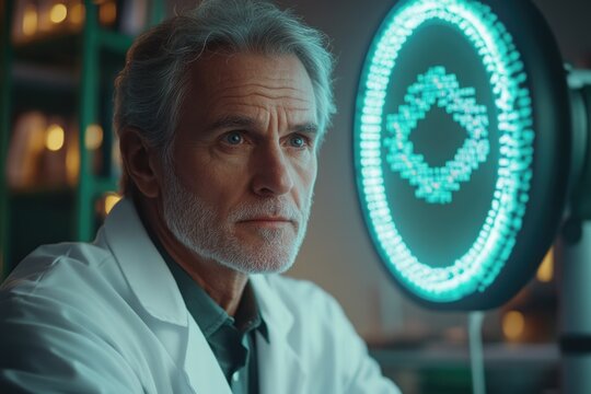 Focused scientist in lab coat intently observes a glowing, futuristic display featuring intricate biological or molecular data visualizations.