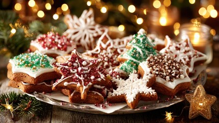 Deliciously festive christmas cookies decorated with icing and sprinkles
