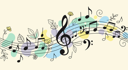 Music notes clef treble bass staff melody harmony rhythm song composition musical score sheet flowers leaves floral design art illustration decorative pattern background pastel colors vector