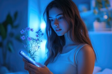 Obraz premium A young woman mesmerized by glowing flowers seemingly growing from her smartphone screen, bathed in a futuristic blue light.