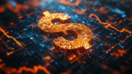 Golden Dollar Sign on Digital Circuit Board with Stock Market Chart, Representing Financial Technology, Investment, and Cryptocurrency