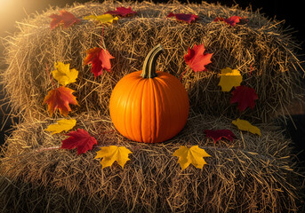 Bright pumpkin placed on hay bale decorated with red and yellow autumn leaves in warm indoor light