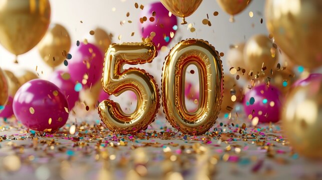Golden Number 50 Foil Balloons with Confetti and Pink and Gold Balloons for a Fiftieth Birthday Celebration