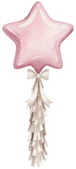 Watercolor pink star balloon with ribbon on transparent background.