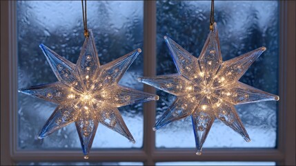 Decorative star shaped ornaments with warm lighting against frosted window background