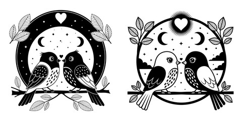 Vector art of two cute birds in love hand drawn vector illustration in vintage style, tattoo design