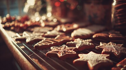 Decorative beautiful christmas cookies on baking rack with festive background