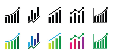 Growing graph set. Business chart with arrow. Finance diagram graphic charts icons, infographic elements. Growing graph icon set. Set of growing bar graph. Business charts icon. Vector illustration.