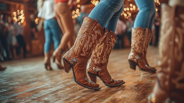 Country Western Dancing: Close-up of Cowboy Boots on Dance Floor at a Rustic Barn Party with Bokeh Lights