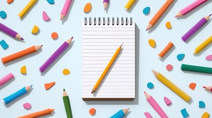 A spiral-bound notepad with a pencil rests on a light blue surface amid colorful pencils and scattered shapes