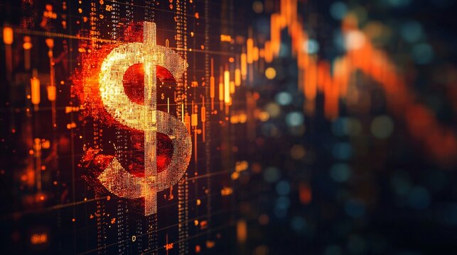 Digital Dollar Sign with Glowing Candlestick Chart, Financial Technology, Cryptocurrency, Data Visualization, and Investment Concept
