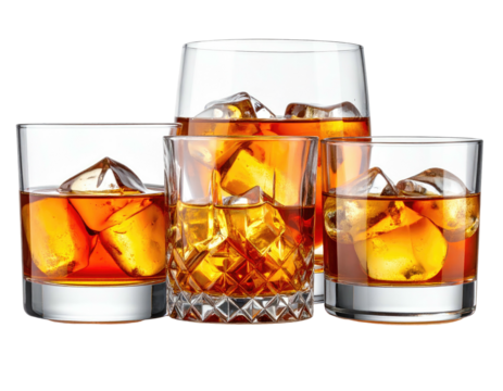 Four glasses of refreshing amber colored alcoholic beverage with ice.