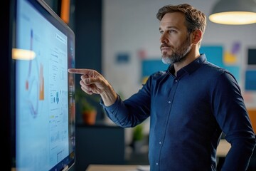 Focused businessman interacts with a large digital touchscreen, analyzing data visualizations and business metrics, utilizing modern technology in an office.