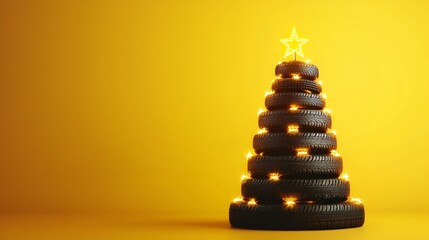 Creative Christmas Tree Made of Car Tires with Glowing Star on Top, Yellow Background, Automotive Holiday Concept