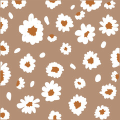 Whimsical white daisy flowers with brown centers on a taupe background seamless pattern.