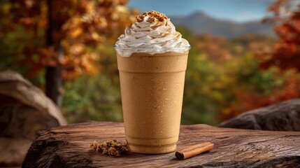 Delicious pumpkin spice beverage with whipped cream set against autumn backdrop