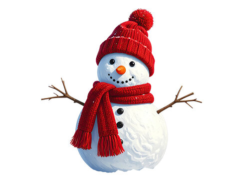 A cheerful snowman wearing a red hat and scarf.