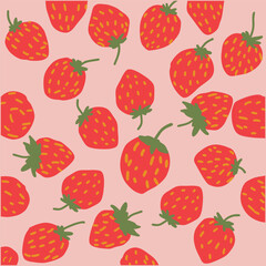 Vibrant red strawberries scattered across a soft pink background seamless pattern
