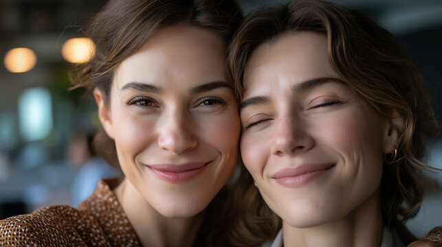Positive businesswoman embracing female coworker symbolizing compassion and collaboration in modern office, under soft office light, highlighting warm connection and professional b
