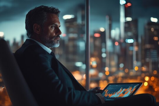 A focused businessman analyzes financial market data on his laptop, overlooking a vibrant night city, symbolizing strategic investment and urban success.