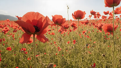 Poppy field wall art print featuring a blooming landscape, celebrating natural beauty, harmony, and vibrant floral elegance.
