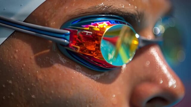 Sports psychology training reflected swimmer goggles with focus pool lane, water droplets, and intense concentration, showing reflection of sports