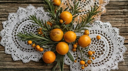 Arrangement of yellow fruits and greenery on lace doily background