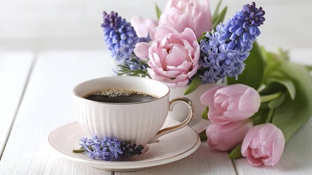 A beautifully composed still life captures a moment of serene elegance, featuring a freshly brewed cup of hot coffee in an exquisite white and gold-rimmed cup and saucer, set upon a clean, textured wh