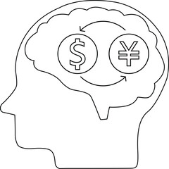 line icon of human brain head and icon of converting dollar coins to yen coins