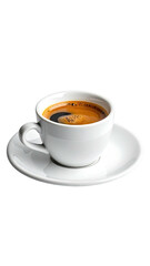 Obraz premium A steaming cup of rich espresso coffee on a white saucer.