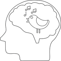 line icon of human brain head and singing bird icon