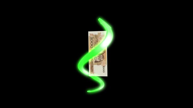 A 1000 Brazilian Cruzeiros banknote surrounded by a bright green glowing arrow swirling upwards on a black background. Symbolizes financial profit, economic growth, positive currency movement