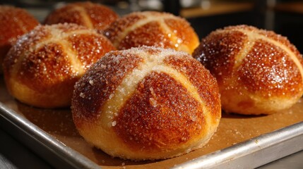 Freshly baked sweet rolls with dusting of sugar on baking sheet