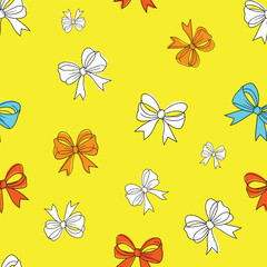 Obraz premium A vibrant yellow background adorned with a charming assortment of hand-drawn bows in various sizes and colors including white orange and blue.