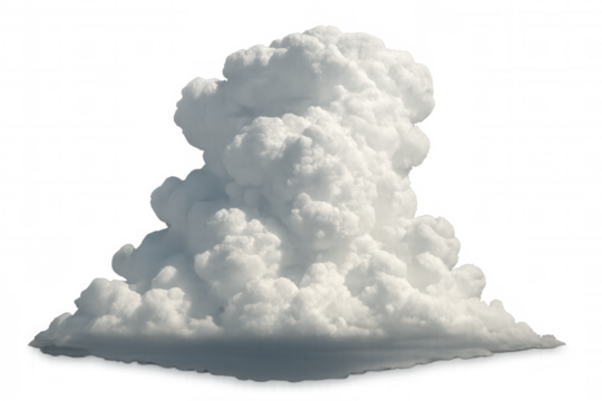 White cumulus cloud forming in the sky, reflecting light and casting shadows, isolated on transparent background