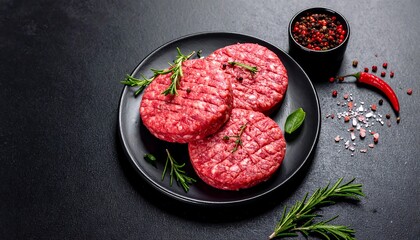 Raw burger patties on a black plate, surrounded by ingredients