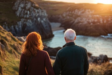 A couple enjoys a serene sunset view over a picturesque rocky cove, holding hands. Their backs are to the camera, embracing natural beauty.
