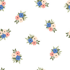 Delicate pastel floral bouquets scattered across a white background.