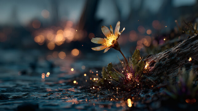 A vibrant pink flower emerges from a scorched earth surrounded by flames representing hope and resilience