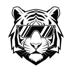 Obraz premium Minimalist black and white tiger head logo with angular sunglasses isolated on white background