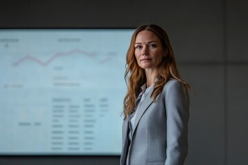 A confident business woman stands in an office, a projector screen with financial data and graphs illuminating the background. She's ready to present.