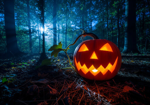 Jack o lantern glowing wickedly in dark misty forest under bright full moon surrounded by fog