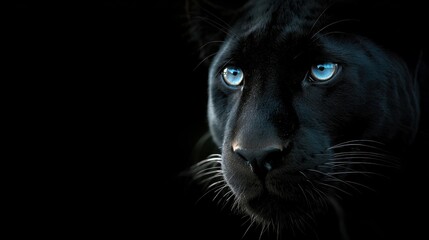 A striking close-up of a black panther with vivid blue eyes set against a dark background, highlighting its powerful and mysterious presence. The focus is on the panther's intense gaze.